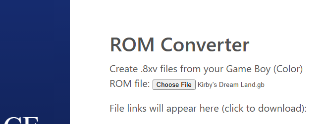 screenshot of Kirby's Dream Land.gc in the website converter