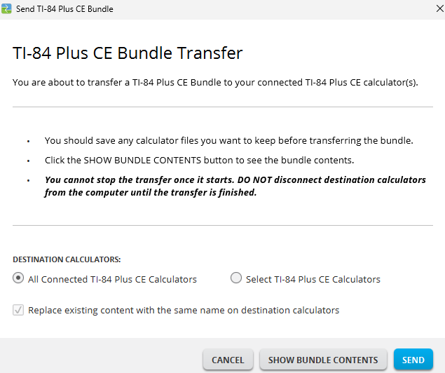 screenshot of ti connect ce warning about bundles