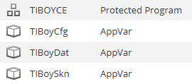 visual of TIBOYCE, TIBoyDat, and TIBoySkn in the files of the calculator.